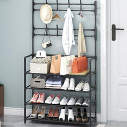 Living And Home 4 Tier Black Entryway Shoe Rack With Coat Hanger 158Cm - thumbnail 2