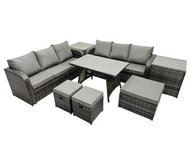 Fimous Garden Rattan Outdoor Furniture Set 9 Seater With 3 Seater Sofa 3 Stools 2 Side Table Dark Grey - image 1