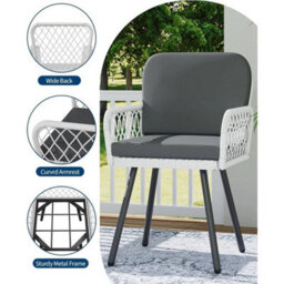 2Pcs Patio Garden Dining Chair Metal Frame Rattan Outdoor Armchair With Cushion - thumbnail 3