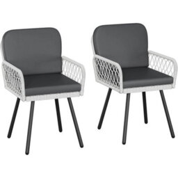 2Pcs Patio Garden Dining Chair Metal Frame Rattan Outdoor Armchair With Cushion - thumbnail 1