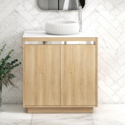 Royal Bathrooms Orion 800mm Natural Oak Floor Standing Plain White Countertop Vanity Unit 2 Door With Milan Basin & Chrome Accent Trim - thumbnail 1