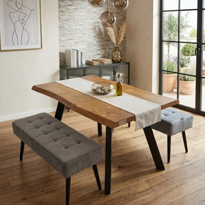 Doubs Dining Table With 2 Benches 120Cm Natural Wood Dining Table Set With 2 Grey Velvet Benches - image 1