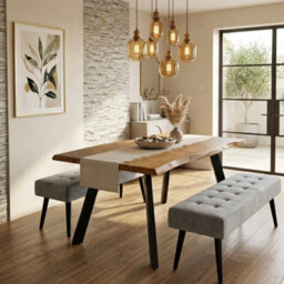 Doubs Dining Table With 2 Benches 120Cm Natural Wood Dining Table Set With 2 Grey Velvet Benches - thumbnail 2