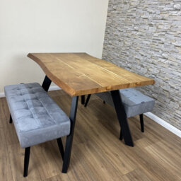 Doubs Dining Table With 2 Benches 120Cm Natural Wood Dining Table Set With 2 Grey Velvet Benches - thumbnail 6
