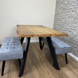 Doubs Dining Table With 2 Benches 120Cm Natural Wood Dining Table Set With 2 Grey Velvet Benches - thumbnail 7