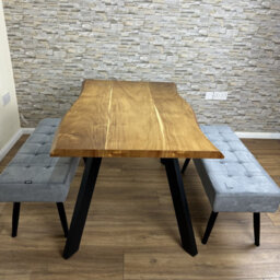 Doubs Dining Table With 2 Benches 120Cm Natural Wood Dining Table Set With 2 Grey Velvet Benches - thumbnail 4