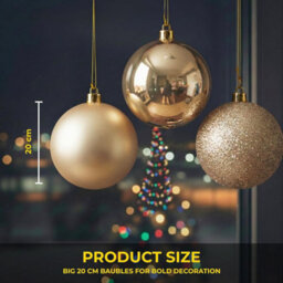 Shatchi Set Of 3 - 20Cm Champange Christmas Baubles (Glossy, Matte, Glitter) Décor Pack - thumbnail 6