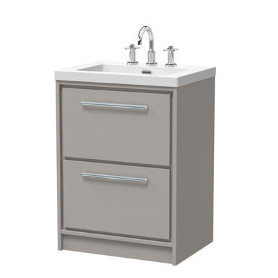 Balterley Longnor Modern Bathroom 2 Soft Close Drawer Floor Standing Vanity Unit Fireclay Basin, Pebble Grey, 600mm - image 1