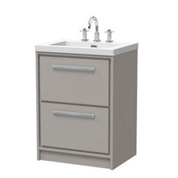Balterley Longnor Modern Bathroom 2 Soft Close Drawer Floor Standing Vanity Unit Fireclay Basin, Pebble Grey, 600mm - thumbnail 1