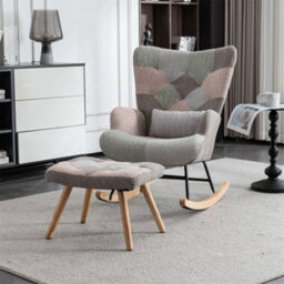 Abrihome Rocking Chair, Fabric Relaxing Chair Wingback Accent Chair With Solid Wood Legs, Chair With Footstool And Pillow, Multicolour