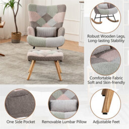 Abrihome Rocking Chair, Fabric Relaxing Chair Wingback Accent Chair With Solid Wood Legs, Chair With Footstool And Pillow, Multicolour - thumbnail 3
