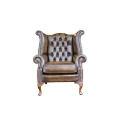 Chesterfield High Back Wing Chair Antique Gold Leather Bespoke In Queen Anne Style - thumbnail 2