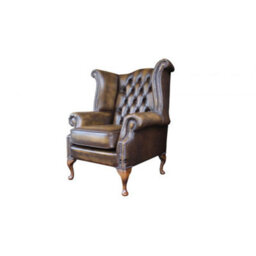 Chesterfield High Back Wing Chair Antique Gold Leather Bespoke In Queen Anne Style - thumbnail 3