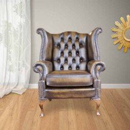 Chesterfield High Back Wing Chair Antique Gold Leather Bespoke In Queen Anne Style