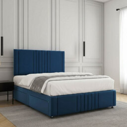 REGIONAL FURNISHINGS Blue Plush Velvet Divan Bed Set 24Inch Headboard & Footboard & Mattress No Drawers In Single Double King 4Ft 6Ft Sizes - thumbnail 2