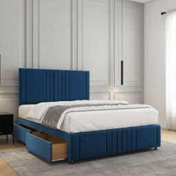 REGIONAL FURNISHINGS Blue Plush Velvet Divan Bed Set 24Inch Headboard & Footboard & Mattress No Drawers In Single Double King 4Ft 6Ft Sizes - thumbnail 1