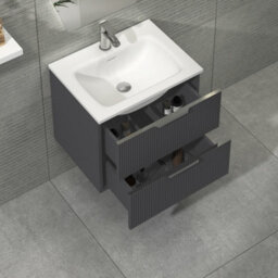 Royal Bathrooms Evora 600mm Graphite Grey Fluted Wall Hung Bathroom Vanity Unit 2 Drawer Cabinet Storage With Stone Basin Sink - 1 Tap Hole - thumbnail 3