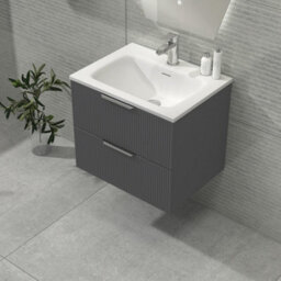 Royal Bathrooms Evora 600mm Graphite Grey Fluted Wall Hung Bathroom Vanity Unit 2 Drawer Cabinet Storage With Stone Basin Sink - 1 Tap Hole - thumbnail 4