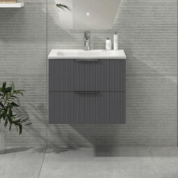 Royal Bathrooms Evora 600mm Graphite Grey Fluted Wall Hung Bathroom Vanity Unit 2 Drawer Cabinet Storage With Stone Basin Sink - 1 Tap Hole
