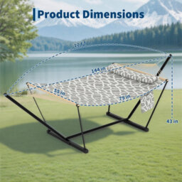 Hammock With Steel Stand, Wooden Spreader Bar, Detachable Pillow & Carry Bag, 450Lbs Capacity For Outdoor Patio Garden Beach - thumbnail 5