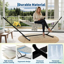 Hammock With Steel Stand, Wooden Spreader Bar, Detachable Pillow & Carry Bag, 450Lbs Capacity For Outdoor Patio Garden Beach - thumbnail 3
