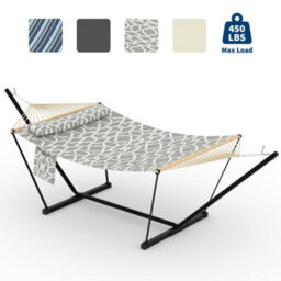 Hammock With Steel Stand, Wooden Spreader Bar, Detachable Pillow & Carry Bag, 450Lbs Capacity For Outdoor Patio Garden Beach