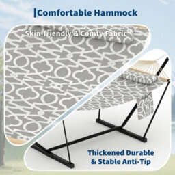 Hammock With Steel Stand, Wooden Spreader Bar, Detachable Pillow & Carry Bag, 450Lbs Capacity For Outdoor Patio Garden Beach - thumbnail 8