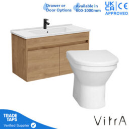 Vitra 1000mm Wall Hung Bathroom Vanity Unit With 2 Doors Includes Basin, Black Tap And Back To Wall Toilet - Golden Oak