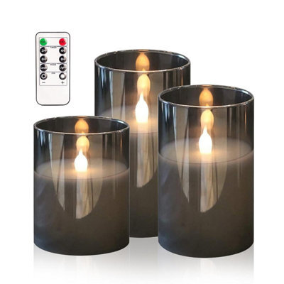 Hiyaa Led Flameless Candles, Gray Glass Battery Operated With Realistic Warm Light And Flickering Effect, For Wedding Party