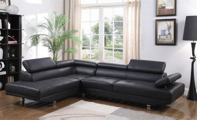 Eco Living Fidenza Leather Corner Sofa  Adjustable Headrests, L-Shaped Sectional, Contemporary Living Room Seating, Left Hand Facing, Black