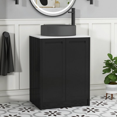 Royal Bathrooms Royal Bathroom Elmore 600mm Nocturne Black Freestanding Bathroom Vanity Unit 2 Door Plain White Worktop With Art Round Basin - image 1