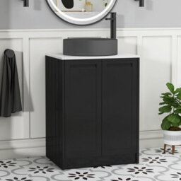 Royal Bathrooms Royal Bathroom Elmore 600mm Nocturne Black Freestanding Bathroom Vanity Unit 2 Door Plain White Worktop With Art Round Basin - thumbnail 1