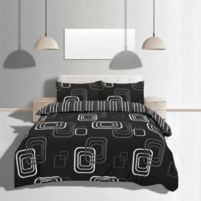 Duvet Cover And Pillowcase Set Geometric Square Design Polycotton Bed Linen Black - image 1