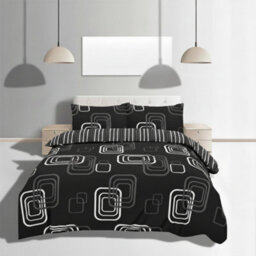 Duvet Cover And Pillowcase Set Geometric Square Design Polycotton Bed Linen Black