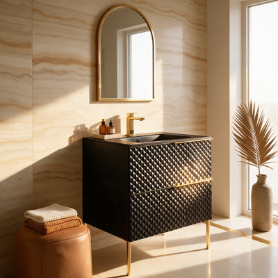 Bathroom City Elvia 600mm Black & Gold Vanity Unit With Black Basin - Diamond Front Bathroom Furniture, 2 Soft-Close Drawers - Gold Handle - image 1