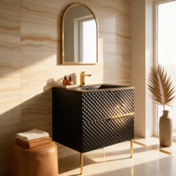 Bathroom City Elvia 600mm Black & Gold Vanity Unit With Black Basin - Diamond Front Bathroom Furniture, 2 Soft-Close Drawers - Gold Handle - thumbnail 1