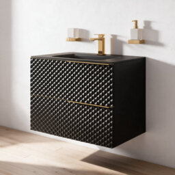 Bathroom City Elvia 600mm Black & Gold Vanity Unit With Black Basin - Diamond Front Bathroom Furniture, 2 Soft-Close Drawers - Gold Handle - thumbnail 2