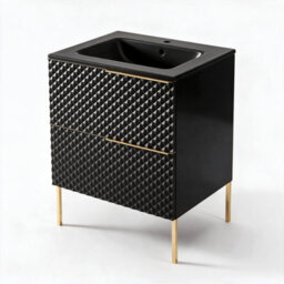 Bathroom City Elvia 600mm Black & Gold Vanity Unit With Black Basin - Diamond Front Bathroom Furniture, 2 Soft-Close Drawers - Gold Handle - thumbnail 4