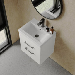 Rio 2 Drawer Wall Hung Vanity Basin Unit - 500mm - Gloss White With Square Black D-Shaped Handles (Tap Not Included) - Balterley - thumbnail 5