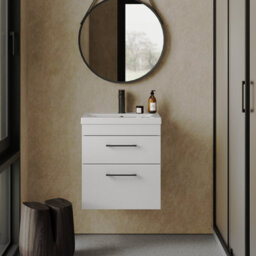 Rio 2 Drawer Wall Hung Vanity Basin Unit - 500mm - Gloss White With Square Black D-Shaped Handles (Tap Not Included) - Balterley - thumbnail 2