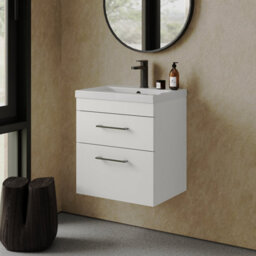 Rio 2 Drawer Wall Hung Vanity Basin Unit - 500mm - Gloss White With Square Black D-Shaped Handles (Tap Not Included) - Balterley - thumbnail 4