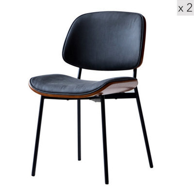 Nordlys Set Of 2 Metal Dining Chairs In Wood And Black Faux Leather Modern Design Style Dining Room - image 1