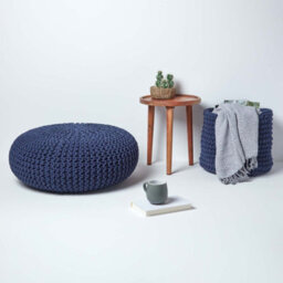 Homescapes Navy Blue Large Round Cotton Knitted Pouffe Footstool - thumbnail 6