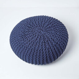 Homescapes Navy Blue Large Round Cotton Knitted Pouffe Footstool - thumbnail 3