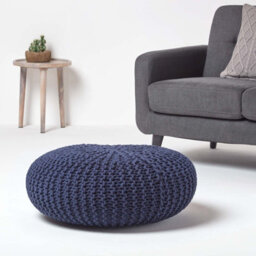 Homescapes Navy Blue Large Round Cotton Knitted Pouffe Footstool - thumbnail 2