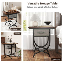 Costway Industrial 2-Tier Bedside Table Nightstand W/ Fabric Drawer-Brown - thumbnail 7