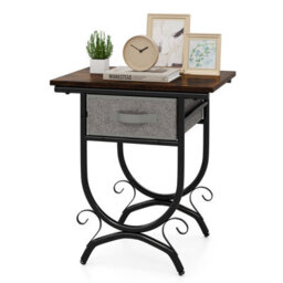 Costway Industrial 2-Tier Bedside Table Nightstand W/ Fabric Drawer-Brown