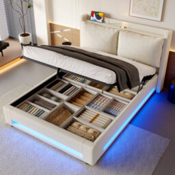 Matteo King Size Upholstered Bed Frame With Hydraulic Storage, Usb-C Headboard & Led Lighting - Beige Linen - thumbnail 7