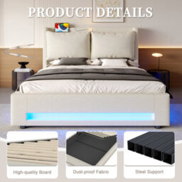 Matteo King Size Upholstered Bed Frame With Hydraulic Storage, Usb-C Headboard & Led Lighting - Beige Linen - thumbnail 5