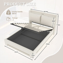 Matteo King Size Upholstered Bed Frame With Hydraulic Storage, Usb-C Headboard & Led Lighting - Beige Linen - thumbnail 2